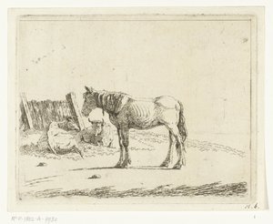 Landschap met paard en twee koeien bij hek door Cornelis  Bisschop