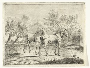 Weidelandschap met twee paarden bij bruggetje en boerderij door Cornelis  Bisschop