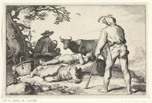 Veehoeders, Vier pastorale scènes (serietitel) door Cornelis Bloemaert (II) (possibly)