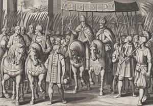 Plaat 3: Karel V gekroond tot keizer die Rome binnenkomt met de paus, uit de Triomfen van Karel..., 1614 door Cornelis Boel