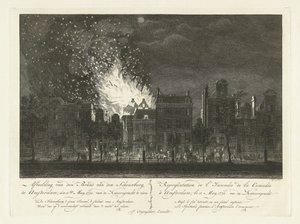 Brand in de Amsterdamse Schouwburg gezien vanaf de overzijde van de Keizersgracht, 1772 door Cornelis Bogerts