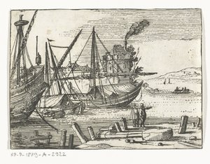 Havengezicht met twee zeilschepen en een galjoen, twee mannen staan op de kade door Cornelis Bol (attributed to)