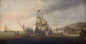 Zeeslag tussen Nederlandse oorlogsschepen en Spaanse galeien door Cornelis Bol