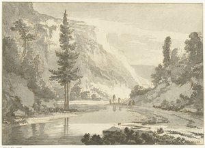 Berglandschap met herders op een rivieroever door Cornelis Brouwer