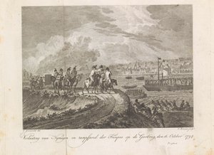 Fransen beschieten de vluchtende troepen op de Gierbrug, 1794 Verlaating van Nymegen en rampspoed der Troupes op de Gierbrug, den 16 October 1794 door Cornelis Brouwer