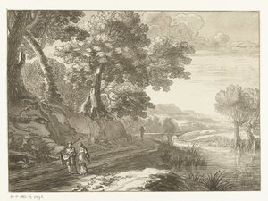 Italianiserend landschap met drie wandelaars door Cornelis Brouwer