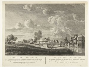 Pruisische troepen vallen Amstelveen aan dat wordt verdedigd door Amsterdamse schutters op 1 oktober 1787 door Cornelis Brouwer