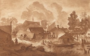 Dorp met vijver door Cornelis Brouwer
