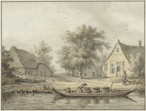 Landschap met afgemeerde schuit met vaten