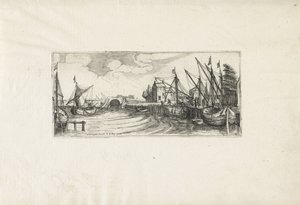Gezicht op een haven met een sluis door Cornelis Claesz van Wieringen (possibly)