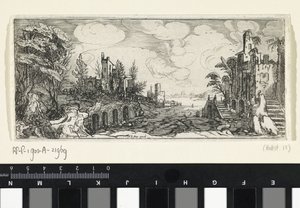Heuvelachtig landschap met een gezicht op een rivier door Cornelis Claesz van Wieringen (possibly)