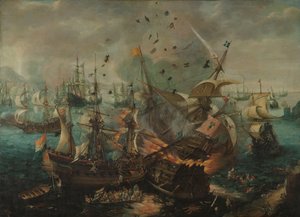 Slag bij Gibraltar in 1607. De explosie van het Spaanse vlaggenschip tijdens de Slag bij Gibraltar, 25 april 1607