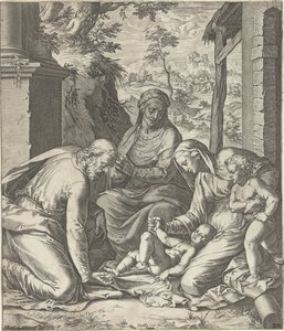 Heilige Familie met Anna en Johannes de Doper als kind door Cornelis Cort