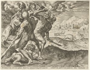 Hercules doodt Geryon en zijn hond Werken van Hercules (serietitel) door Cornelis Cort