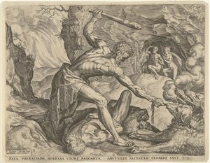 Hercules sleept Cerberus de hel uit Werken van Hercules (serie)