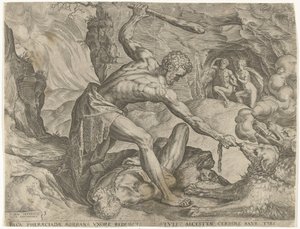 Hercules sleept Cerberus de hel uit (Werken van Hercules)