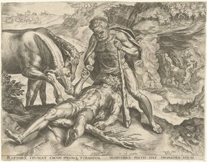 Hercules voert Diomedes aan zijn paarden Werken van Hercules (series title) door Cornelis Cort