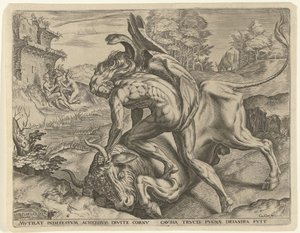 Hercules worstelt met Acheloüs Werken van Hercules (serie titel) door Cornelis Cort
