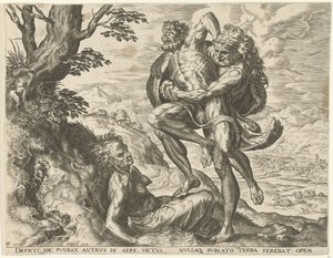 Hercules worstelt met Antaeus door Cornelis Cort