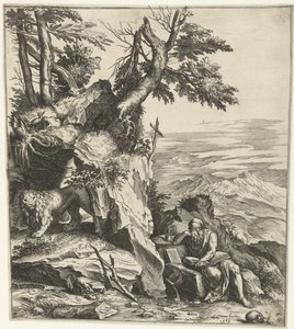 Landschap met lezende Hieronymus door Cornelis Cort