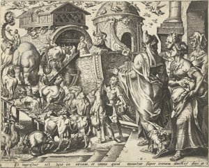 Noach gaat met zijn familie en de dieren aan boord van de ark door Cornelis Cort