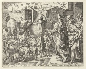 Noach gaat met zijn familie en de dieren aan boord van de ark door Cornelis Cort