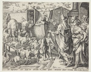 Noach, zijn familie en de dieren gaan aan boord van de ark