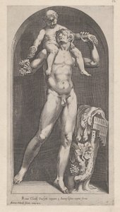 Speculum Romanae Magnificentiae: Bacchus op de schouders van een sater, 16e eeuw door Cornelis Cort