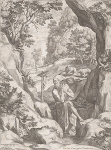 St. Hiëronymus boetvaardig in de wildernis, 1573 door Cornelis Cort