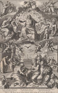 Het geschil van de kerkvaders over het heilig sacrament, 1575 door Cornelis Cort