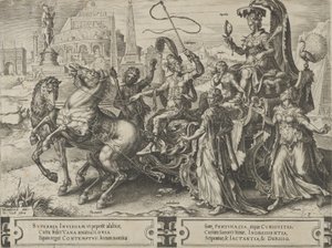 De triomf van trots, uit De cyclus van de wisselvalligheden van menselijke zaken, plaat 3, 1564