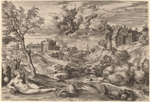 Landschap met Roger die Angelica bevrijdt door Cornelis Cort after Titian