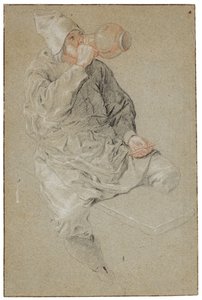 Een zittende man drinkt uit een aardewerken pul en houdt een pijp vast (krijt op papier) door Cornelis Dusart