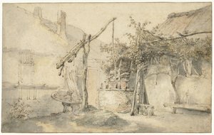 Boerenerf met waterput door Cornelis Dusart
