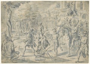 Schieten op vaders lijk door Cornelis Floris (II) (circle of)