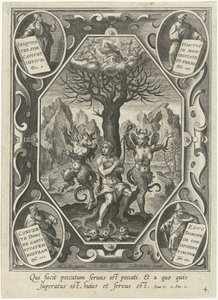 Een jonge man wordt door twee duivels aan een boom geketend door Cornelis Galle (I)
