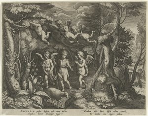 Johannes de Doper wordt begeleid door engeltjes als hij de woestijn intrekt door Cornelis Galle (I)