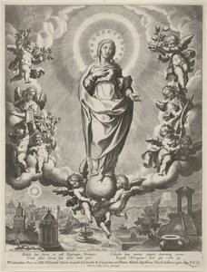 Maria op een globe, omringd door engelen door Cornelis Galle (I)