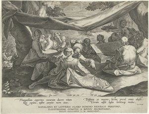 Musicerend gezelschap met man achter virginaal door Cornelis Galle (I)