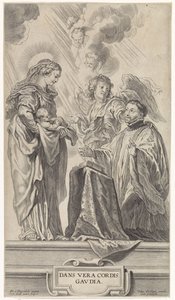 Een onbekende heilige (Ignatius van Loyola?) knielt voor Maria met kind door Cornelis Galle (II)