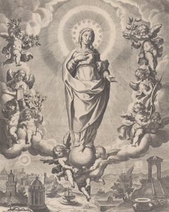 De Maagd in Glorie, staand op wolken en omringd door engelen met symbolen door Cornelis Galle I