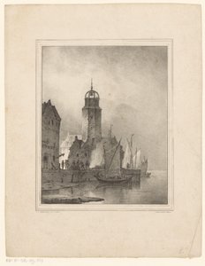 Zeilboten leggen aan in stad door Cornelis Gerrit Verburgh