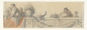 Personen op een balustrade met festoenen (Ontwerpen voor wandschilderingen in kasteel Honselaersdijk) door Cornelis Holsteyn