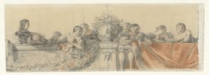 Personen op een balustrade met festoenen door Cornelis Holsteyn