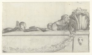 Personen op een balustrade met festoenen (series title) door Cornelis Holsteyn