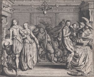 Interieur met dansende koppels en muzikanten door Cornelis Koning