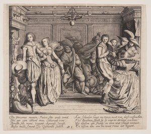 Interieur met muzikanten en dansende koppels