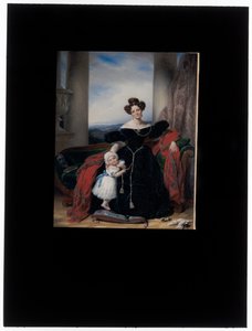 Portret van een dame zittend op een Biedermeier-bank vergezeld door haar dochter
