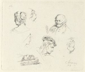 Studieblad met verschillende koppen door Cornelis Kruseman