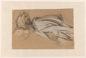 Studies voor de prediking van Johannes de Doper in de woestijn: mannenkop en draperiestudie van een zittende figuur door Cornelis Kruseman